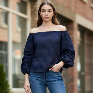 Anthropologie Guest Editor Gridwork Off The Shoulder Blouse top plaid Cotton S